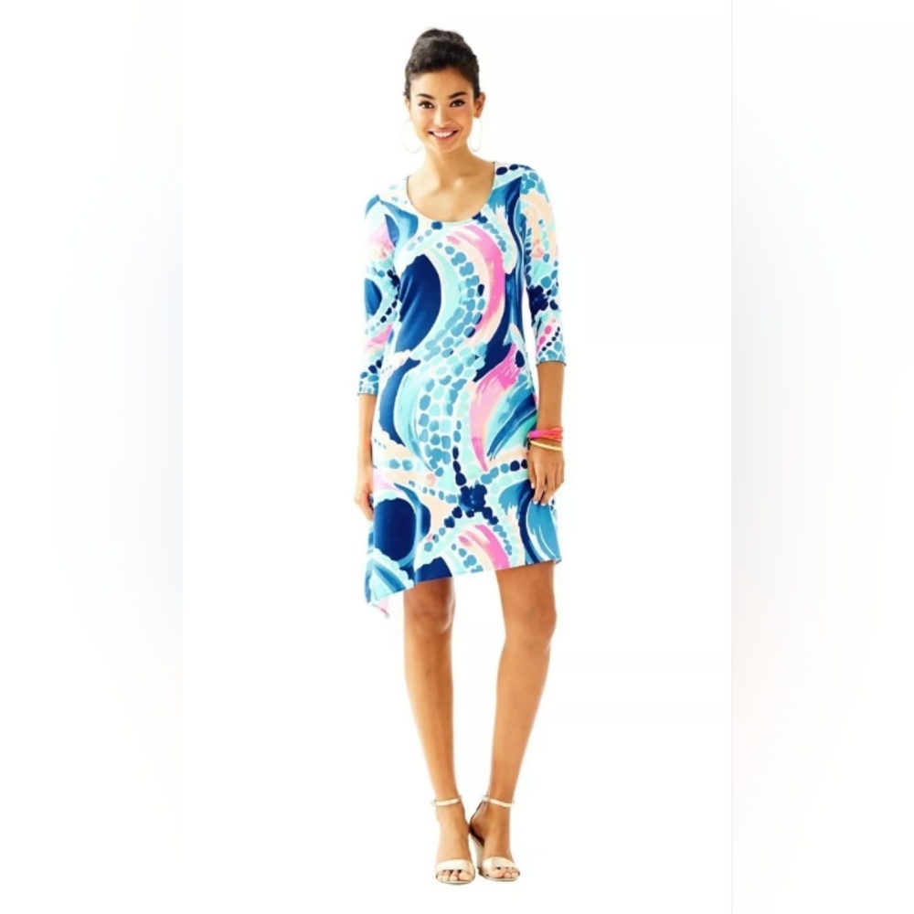 Lilly Pulitzer NWOT Size XS Ariana Asymmetric Jersey Swing Dress In Ocean Jewels